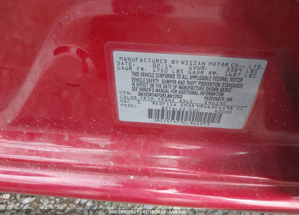 2014 NISSAN VERSA 1.6 S+ VIN: 3N1CN7AP3EL861253