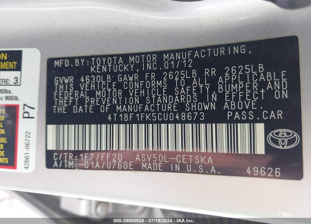 2012 TOYOTA CAMRY SE VIN: 4T1BF1FK5CU048673