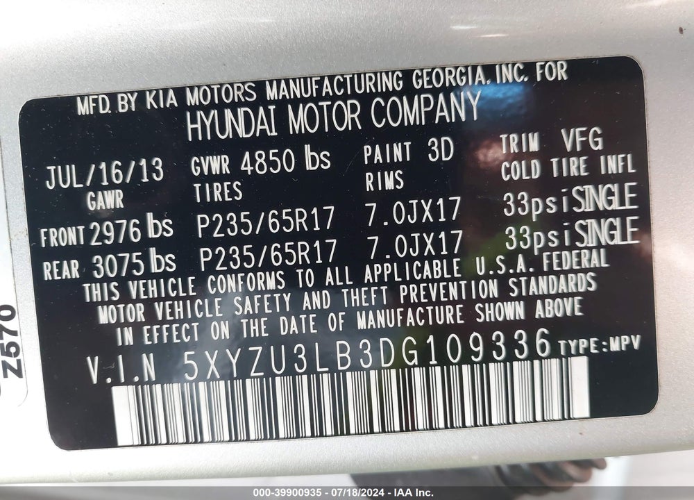 2013 HYUNDAI SANTA FE SPORT VIN: 5XYZU3LB3DG109336