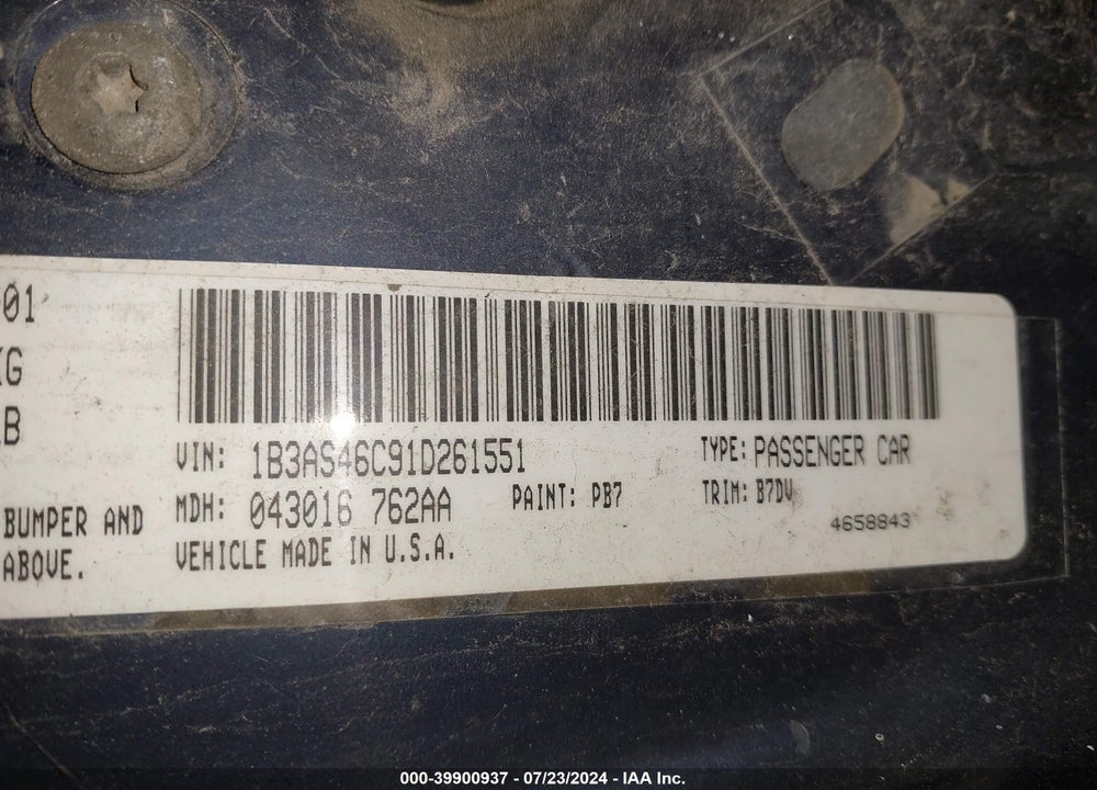 2001 DODGE NEON SE VIN: 1B3AS46C91D261551