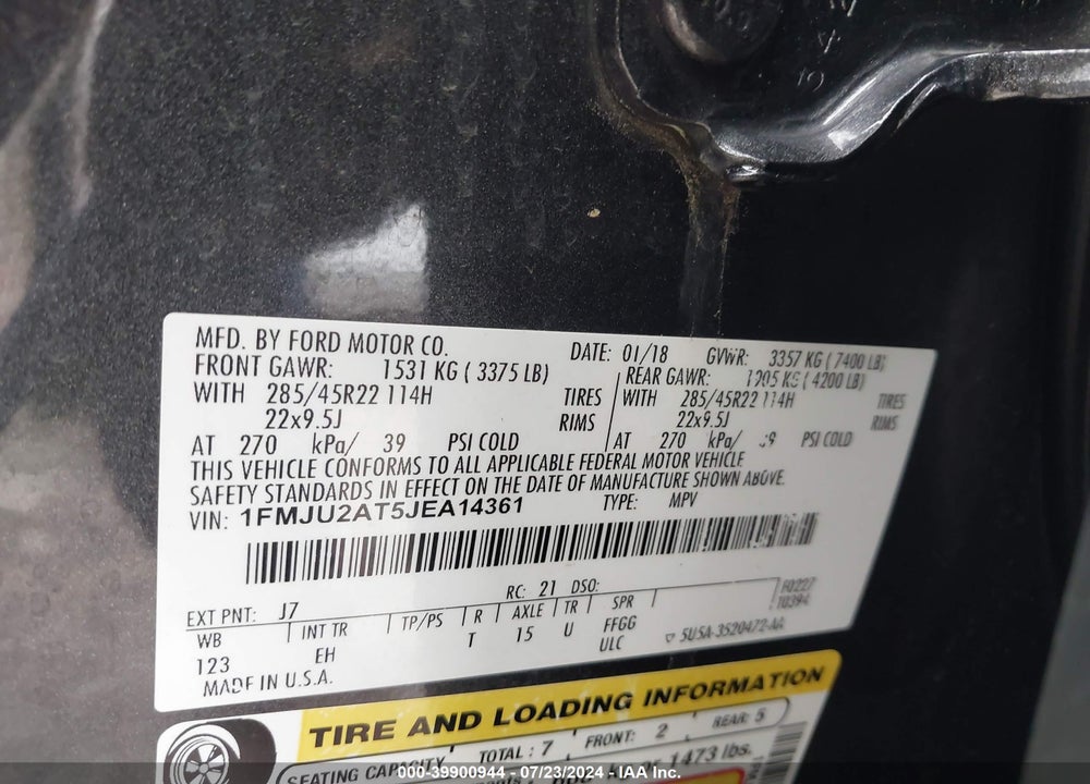 2018 FORD EXPEDITION LIMITED VIN: 1FMJU2AT5JEA14361