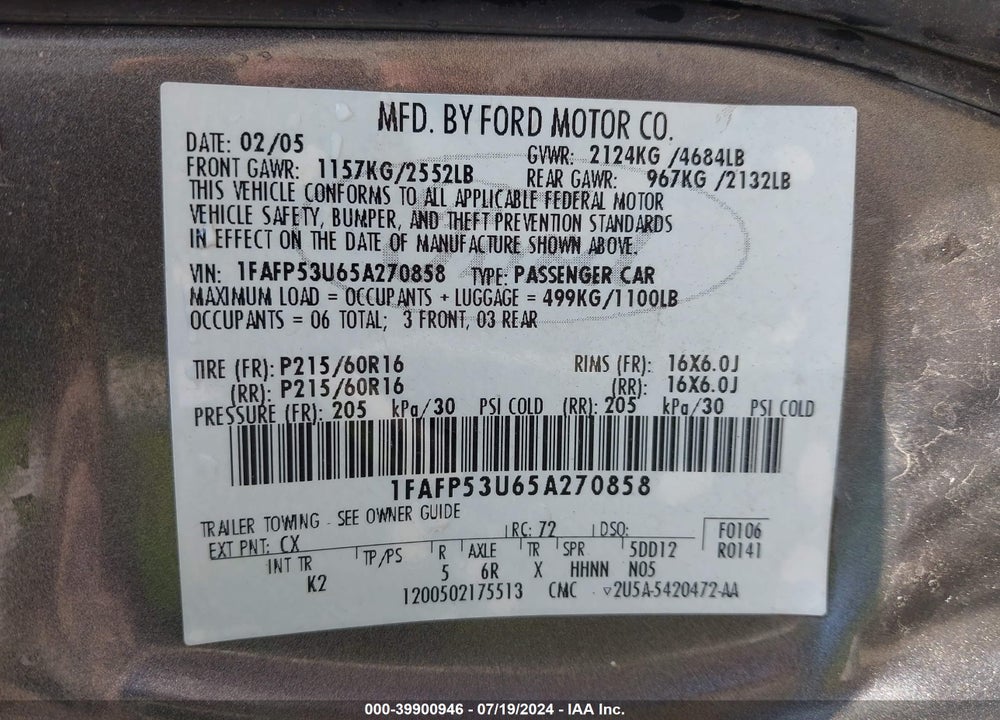 2005 FORD TAURUS SE VIN: 1FAFP53U65A270858