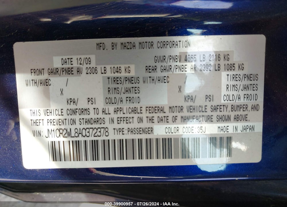 2010 MAZDA 5 SPORT VIN: JM1CR2WL8A0372378