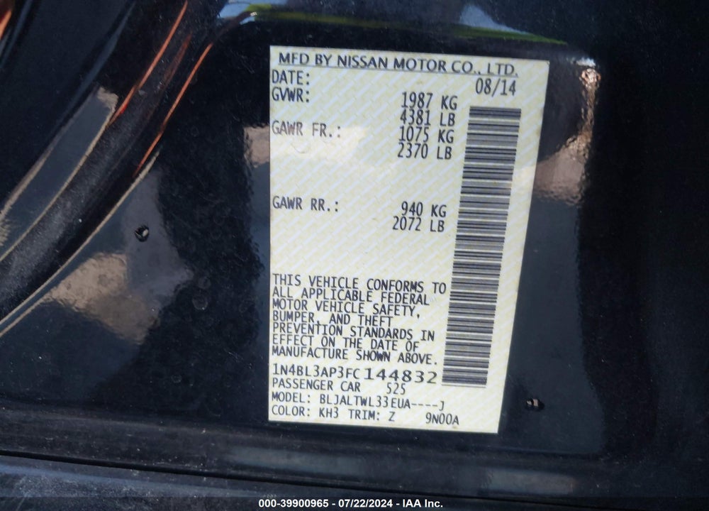 2015 NISSAN ALTIMA VIN: 1N4BL3AP3FC144832