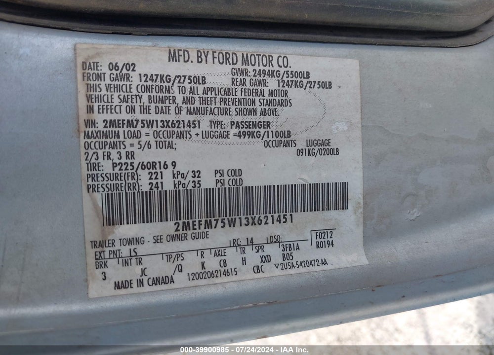 2003 MERCURY GRAND MARQUIS LS VIN: 2MEFM75W13X621451