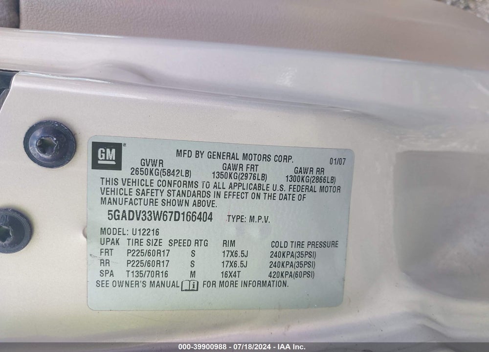 2007 BUICK TERRAZA CXL VIN: 5GADV33W67D166404
