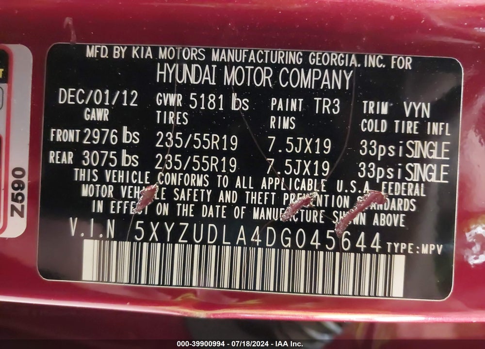 2013 HYUNDAI SANTA FE SPORT 2.0T VIN: 5XYZUDLA4DG045644