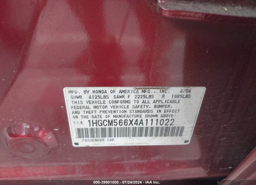 2004 HONDA ACCORD 2.4 EX VIN: 1HGCM566X4A111022