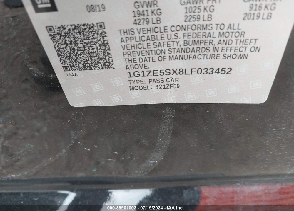 2020 CHEVROLET MALIBU FWD PREMIER VIN: 1G1ZE5SX8LF033452