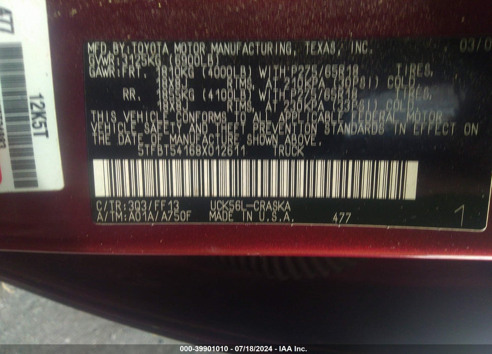 2008 TOYOTA TUNDRA SR5 4.7L V8 VIN: 5TFBT54168X012611