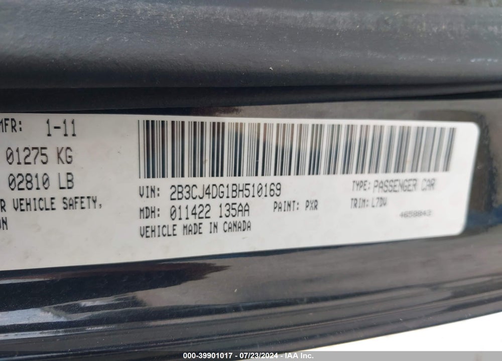 2011 DODGE CHALLENGER VIN: 2B3CJ4DG1BH510169
