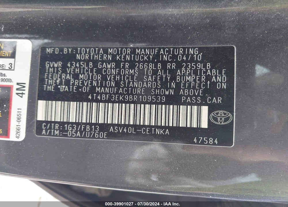2011 TOYOTA CAMRY VIN: 4T4BF3EK9BR109539