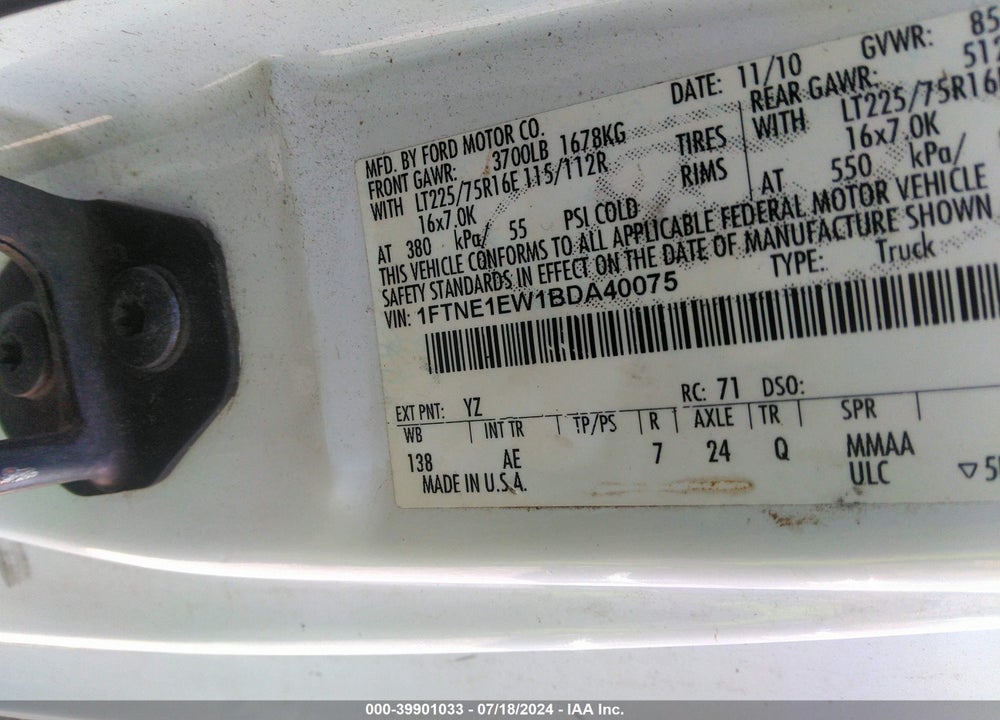 2011 FORD E-150 COMMERCIAL VIN: 1FTNE1EW1BDA40075