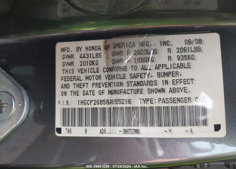 2008 HONDA ACCORD 2.4 EX-L VIN: 1HGCP26858A155216
