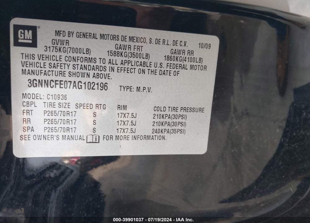 2010 CHEVROLET AVALANCHE 1500 LT1 VIN: 3GNNCFE07AG102196