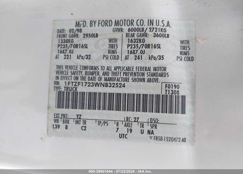 1998 FORD F-150 STANDARD/XL/XLT VIN: 1FTZF1723WNB32524