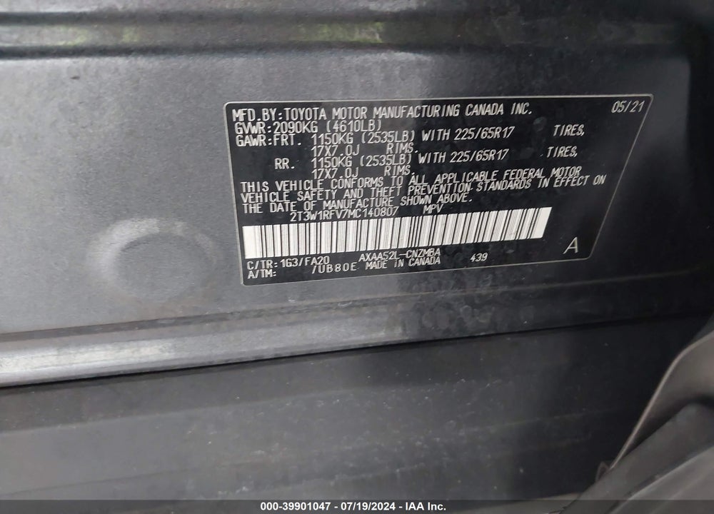 2021 TOYOTA RAV4 XLE VIN: 2T3W1RFV7MC140807