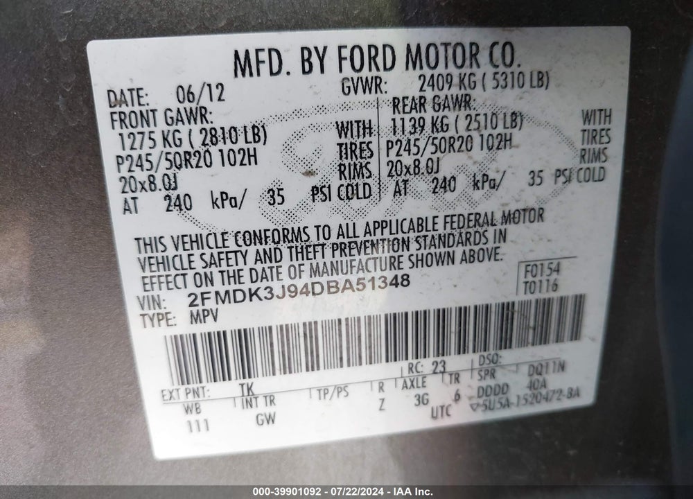 2013 FORD EDGE VIN: 2FMDK3J94DBA51348