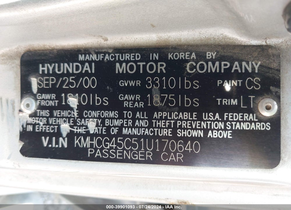 2001 HYUNDAI ACCENT GL VIN: KMHCG45C51U170640