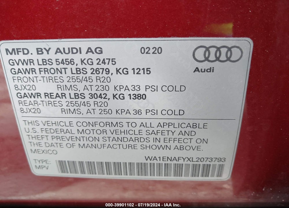 2020 AUDI Q5 TITANIUM PREMIUM PLUS 45 TFSI QUATTRO S TRONIC VIN: WA1ENAFYXL2073793