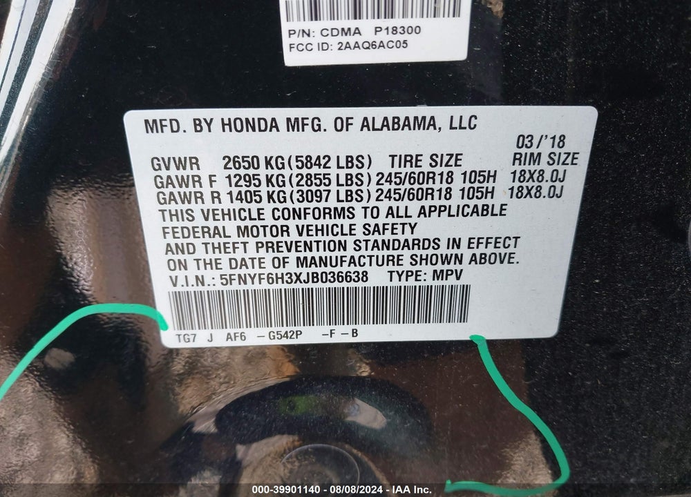 2018 HONDA PILOT EX VIN: 5FNYF6H3XJB036638