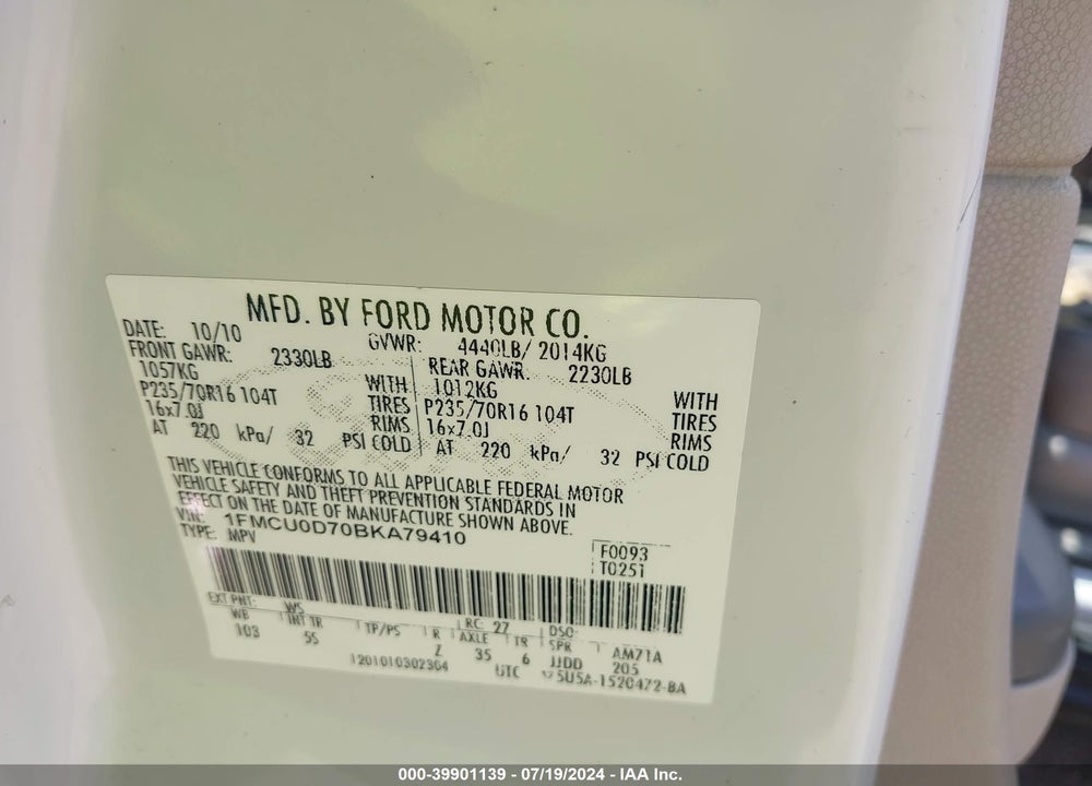 2011 FORD ESCAPE XLT VIN: 1FMCU0D70BKA79410