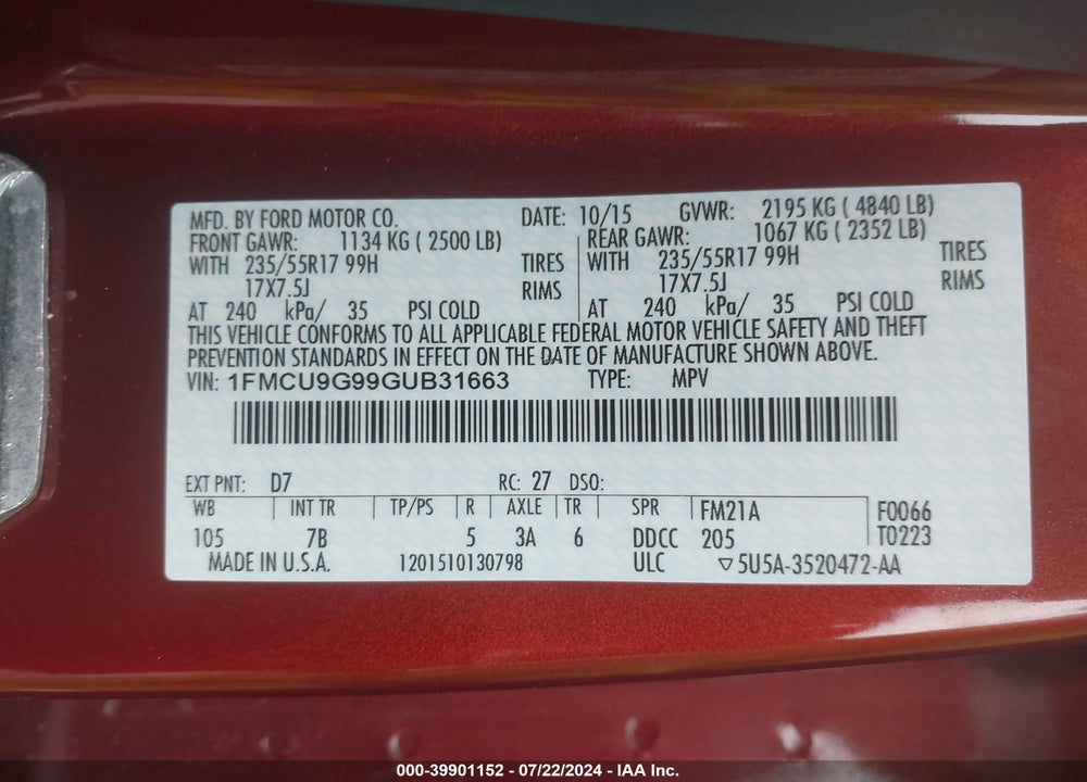 2016 FORD ESCAPE SE VIN: 1FMCU9G99GUB31663
