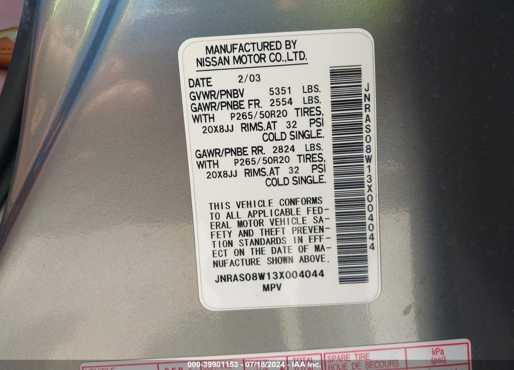 2003 INFINITI FX35 VIN: JNRAS08W13X004044