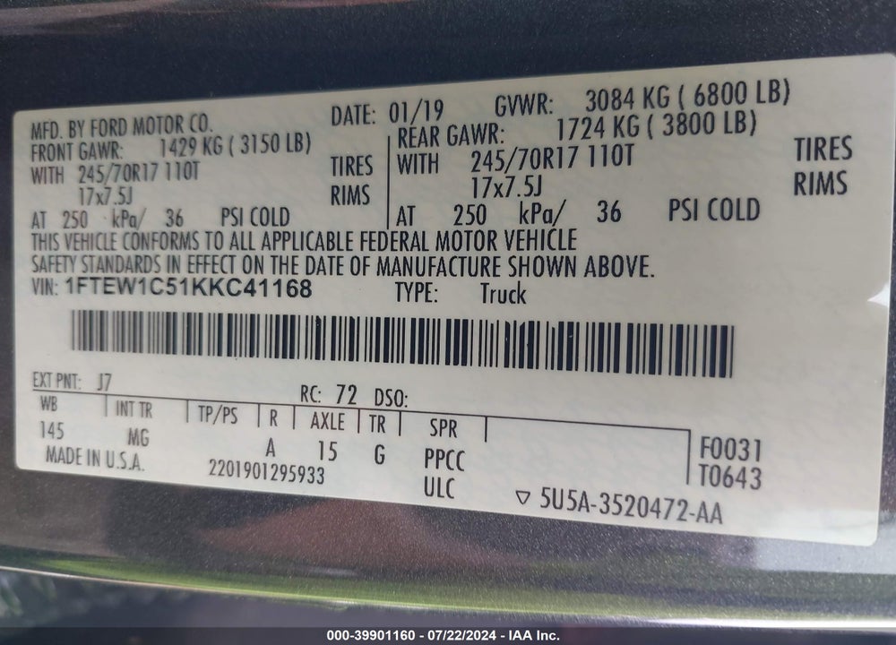 2019 FORD F-150 XLT VIN: 1FTEW1C51KKC41168