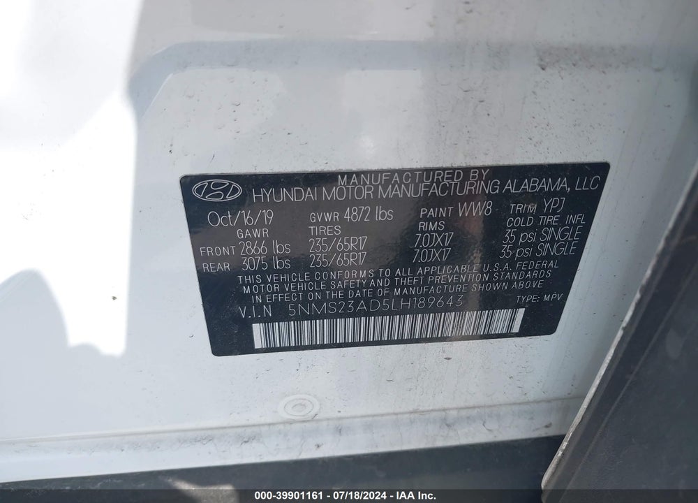2020 HYUNDAI SANTA FE SE VIN: 5NMS23AD5LH189643
