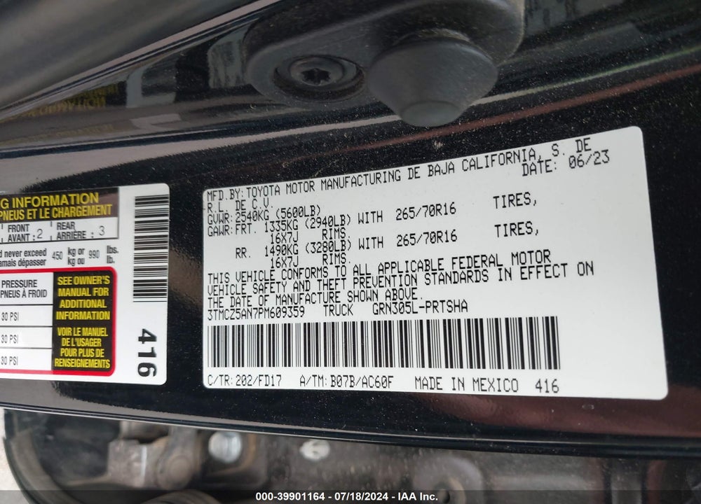 2023 TOYOTA TACOMA TRD OFF ROAD VIN: 3TMCZ5AN7PM609359
