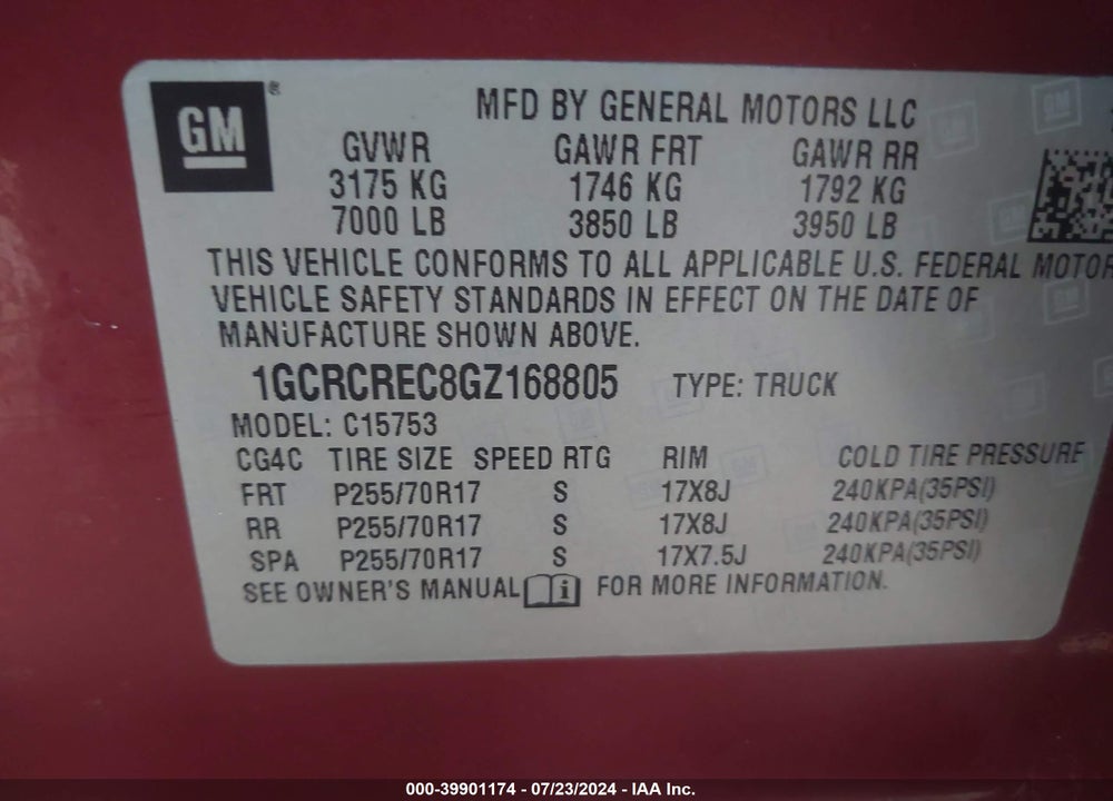 2016 CHEVROLET SILVERADO 1500 1LT VIN: 1GCRCREC8GZ168805