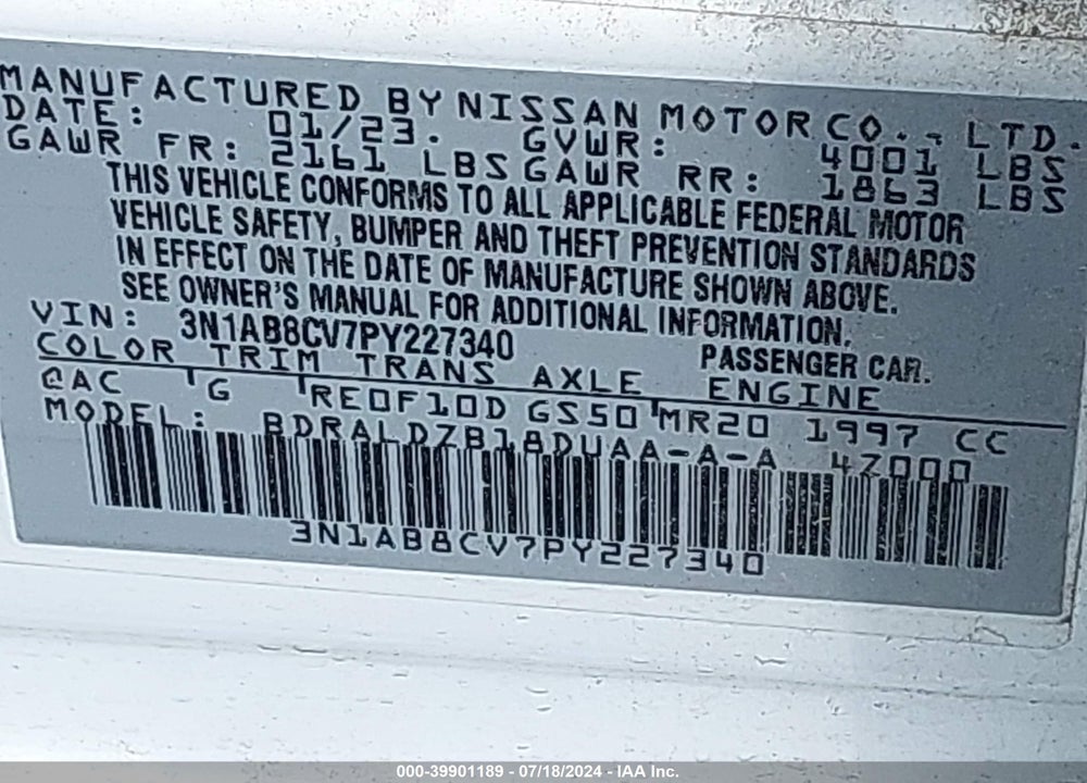 2023 NISSAN SENTRA SV XTRONIC CVT VIN: 3N1AB8CV7PY227340