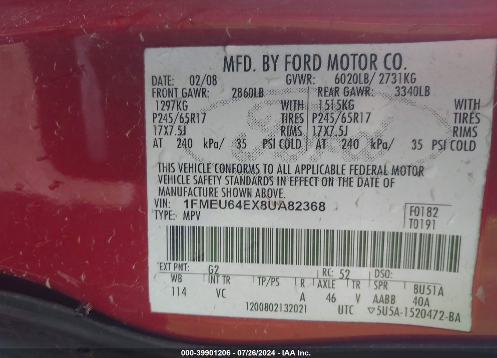 2008 FORD EXPLORER EDDIE BAUER VIN: 1FMEU64EX8UA82368