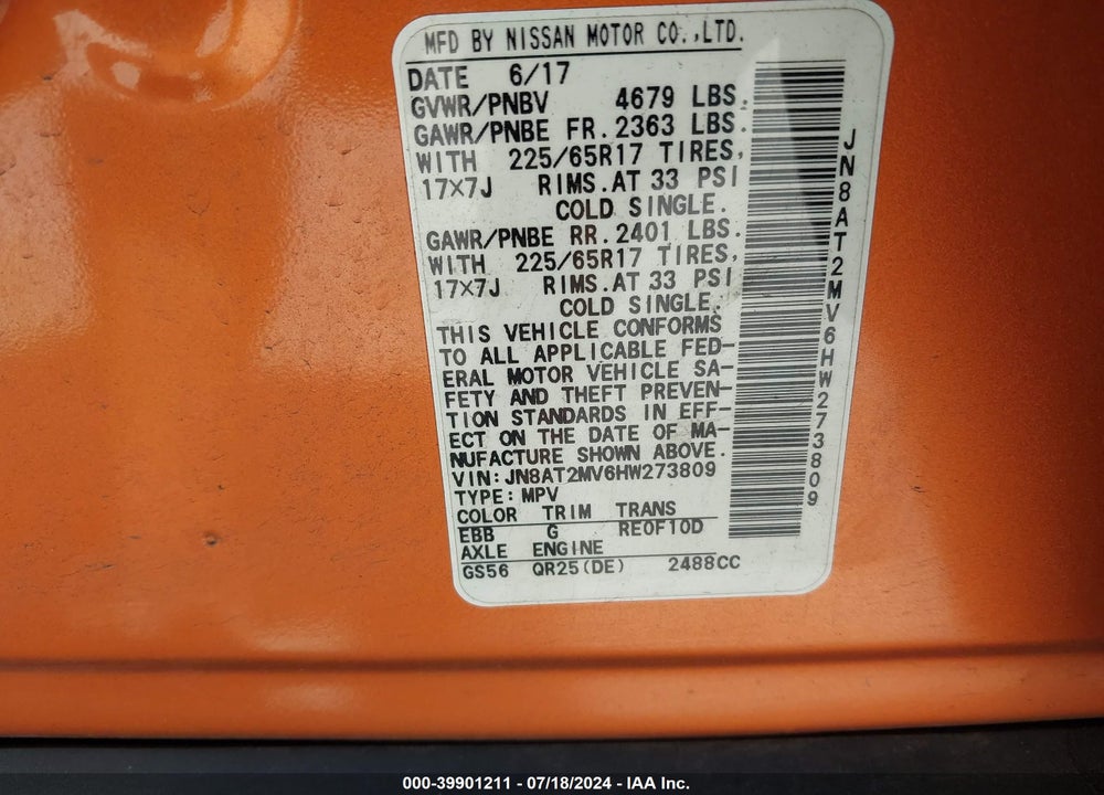 2017 NISSAN ROGUE SV VIN: JN8AT2MV6HW273809