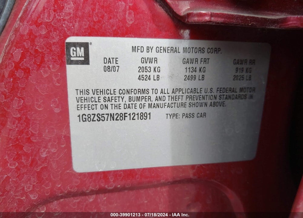 2008 SATURN AURA XE VIN: 1G8ZS57N28F121891
