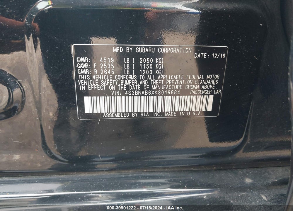 2019 SUBARU LEGACY 2.5I VIN: 4S3BNAB6XK3019884