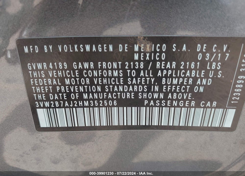 2017 VOLKSWAGEN JETTA 1.4T S VIN: 3VW2B7AJ2HM352506