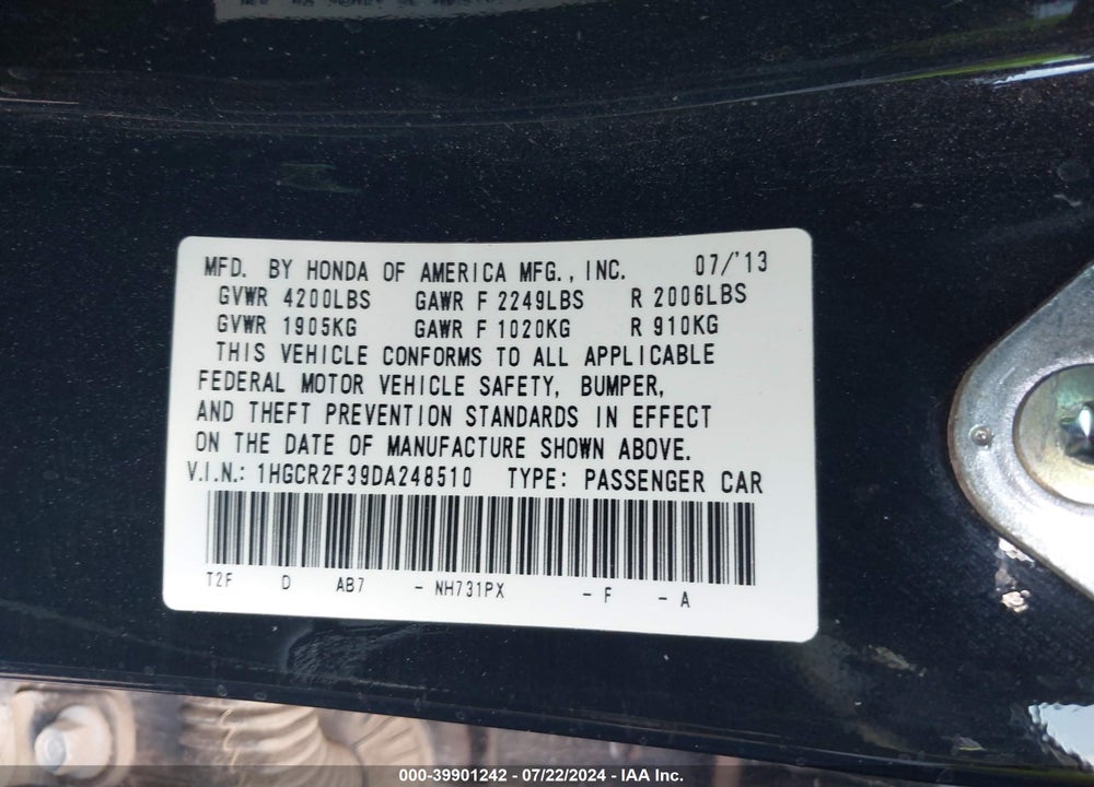 2013 HONDA ACCORD LX VIN: 1HGCR2F39DA248510