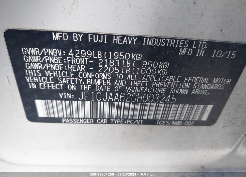 2016 SUBARU IMPREZA 2.0I VIN: JF1GJAA62GH003245