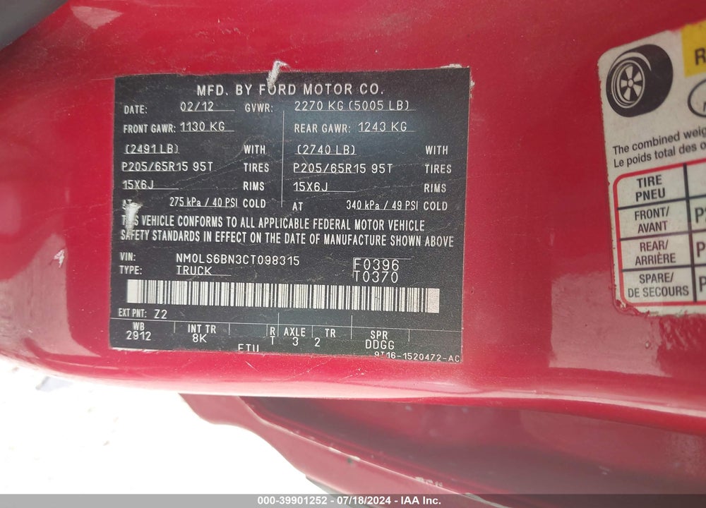 2012 FORD TRANSIT CONNECT XLT VIN: NM0LS6BN3CT098315