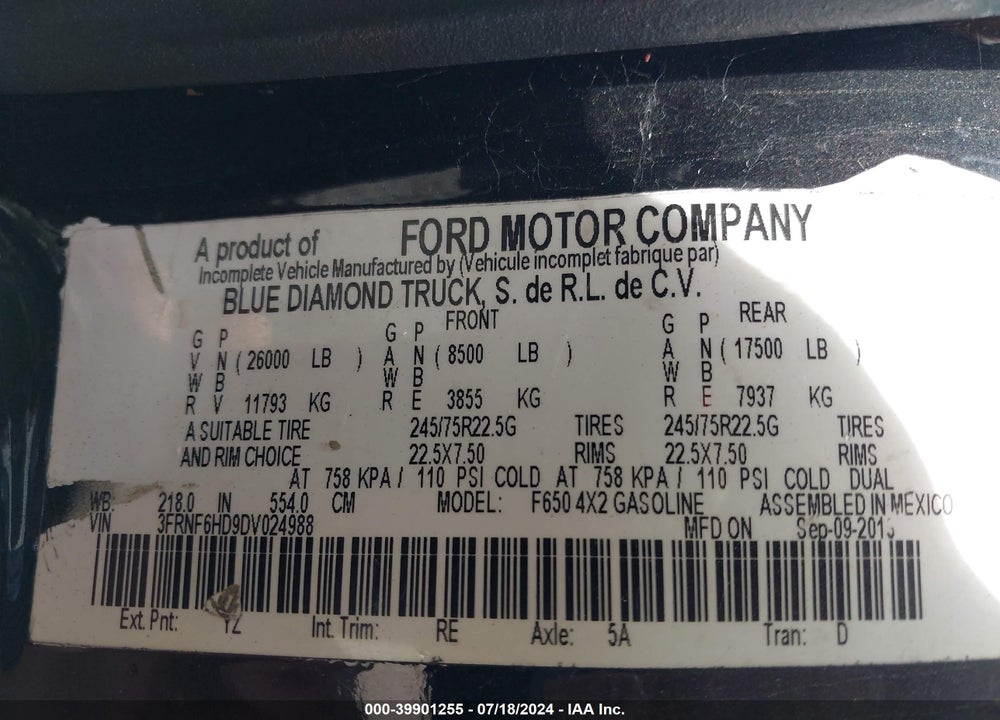 2013 FORD F-650 GAS XL/XLT VIN: 3FRNF6HD9DV024988