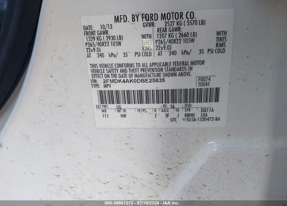 2013 FORD EDGE SPORT VIN: 2FMDK4AK0DBE25835