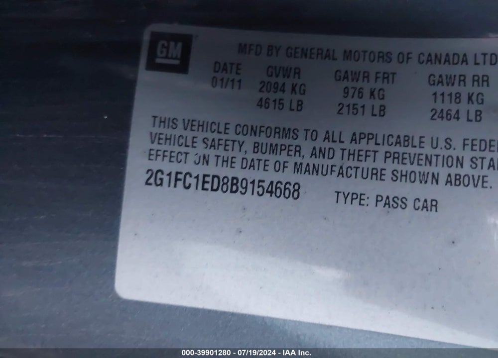 2011 CHEVROLET CAMARO 2LT VIN: 2G1FC1ED8B9154668