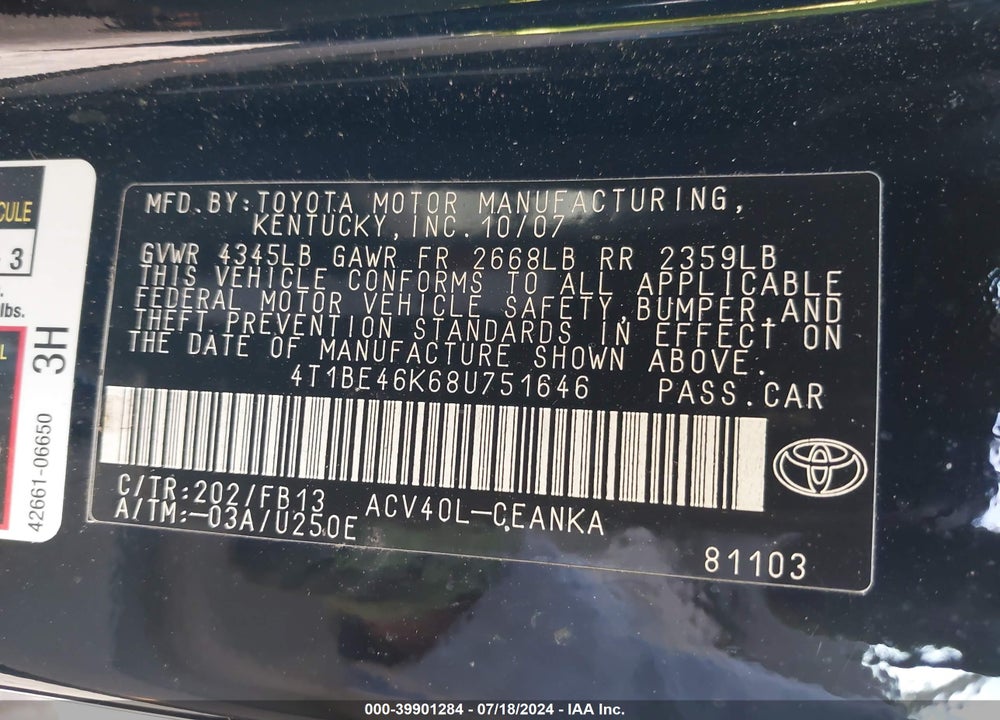 2008 TOYOTA CAMRY LE VIN: 4T1BE46K68U751646