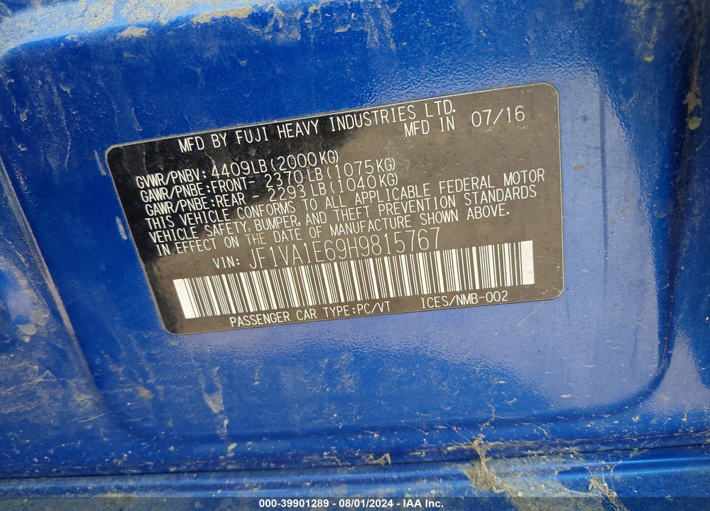 2017 SUBARU WRX PREMIUM VIN: JF1VA1E69H9815767