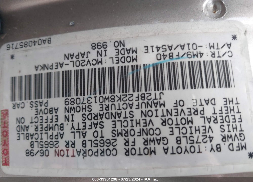 1998 TOYOTA CAMRY LE V6 VIN: JT2BF22K8W0137089
