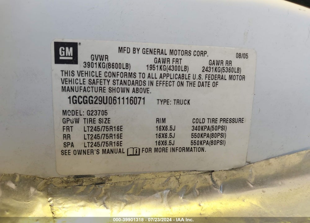 2006 CHEVROLET EXPRESS WORK VAN VIN: 1GCGG29U061116071