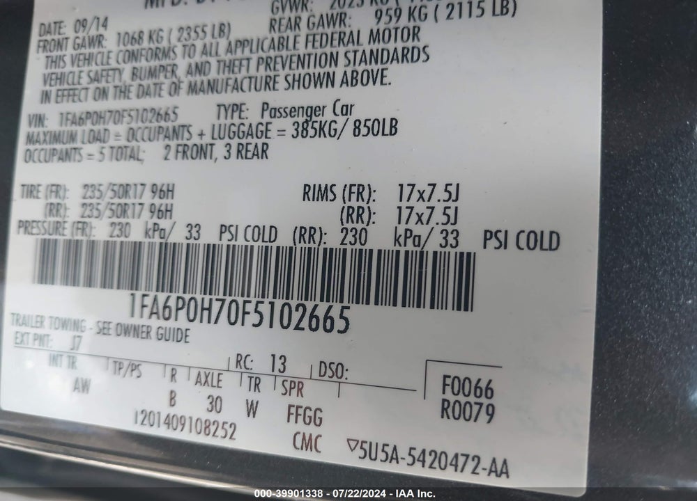 2015 FORD FUSION SE VIN: 1FA6P0H70F5102665