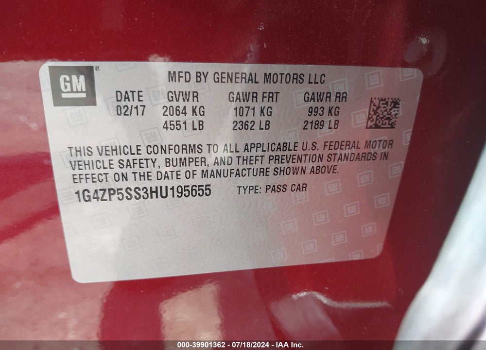2017 BUICK LACROSSE ESSENCE VIN: 1G4ZP5SS3HU195655